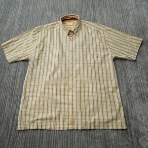 Ferruche Shirt Men Button Up Yellow Checker Plaid Short Sleeve Rayon 2XL
